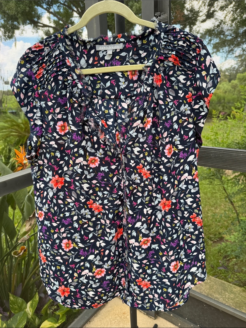 Daniel Rainn Navy Floral Ruffle Cap-Sleeve Blouse